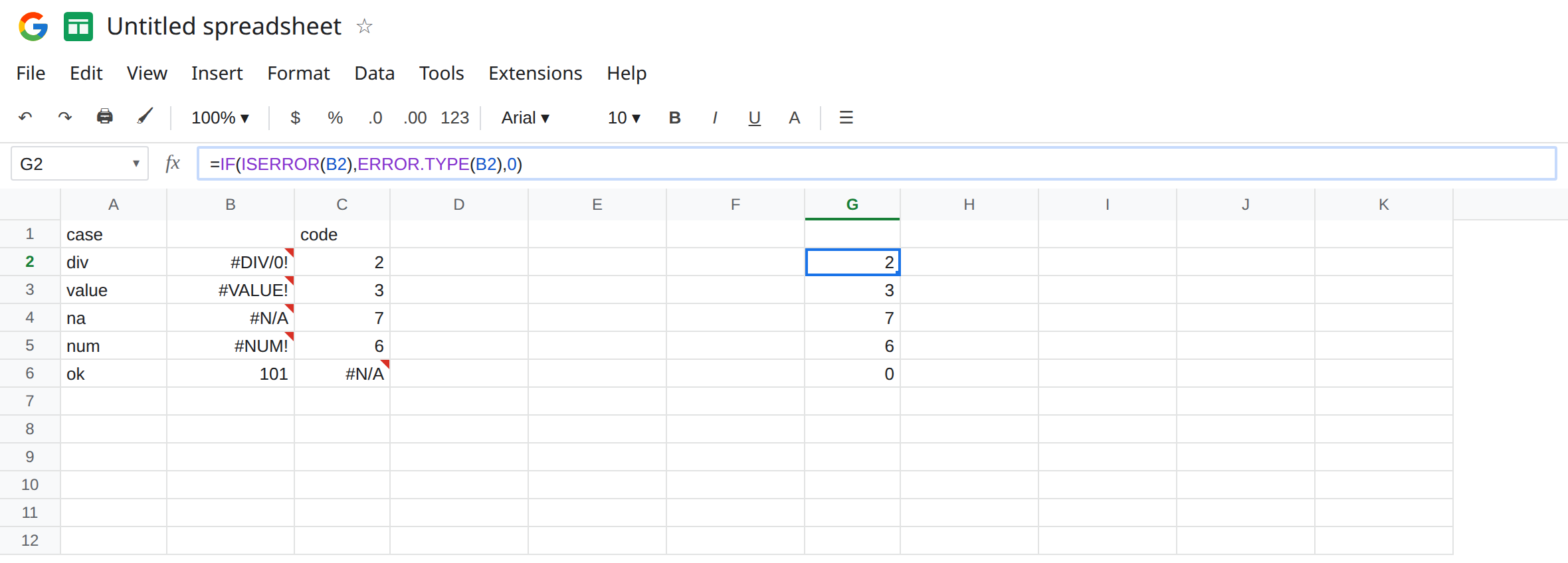 G2 selected. Formula bar shows =IF(ISERROR(B2),ERROR.TYPE(B2),0). G2 is 2. G6 is 0 because B6 is 101. C6 is still #N/A from ERROR.TYPE on that number. B2 is still #DIV/0!.