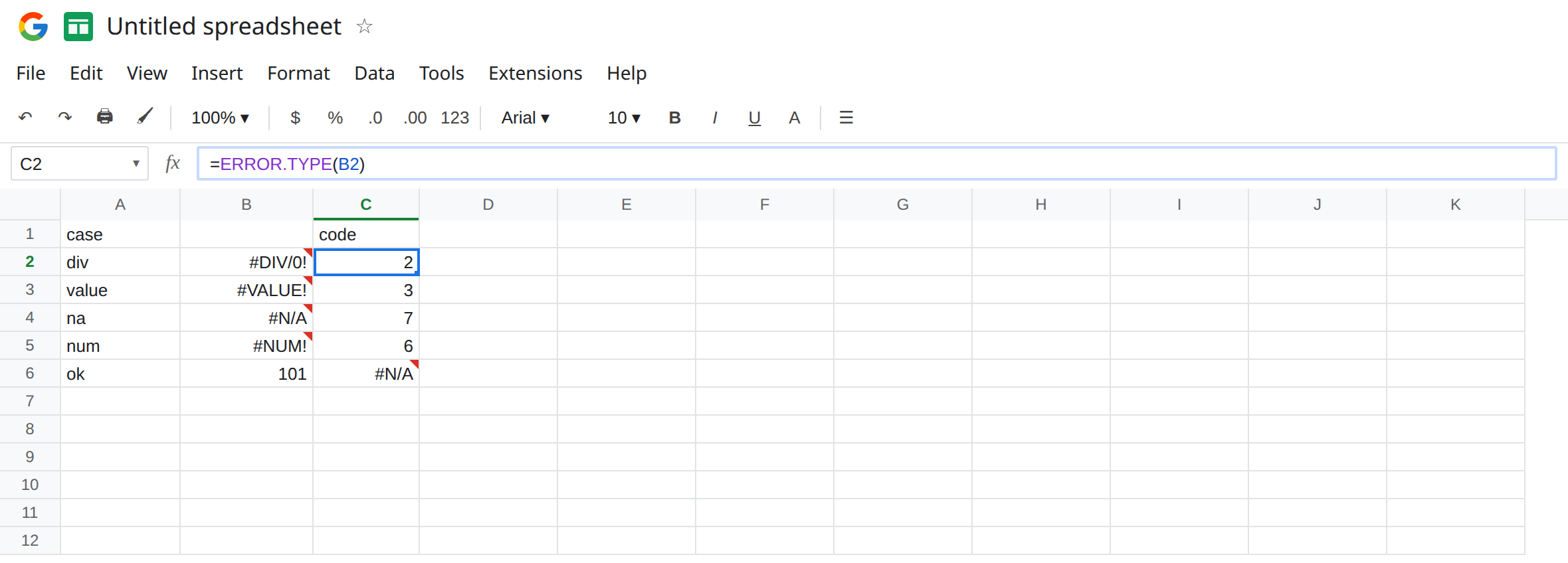 C2 selected. Formula bar shows =ERROR.TYPE(B2). C2 is 2. B2 is #DIV/0!. C3 is 3 from #VALUE!. C4 is 7 from #N/A. C5 is 6 from #NUM!. C6 is #N/A because B6 is the number 101.