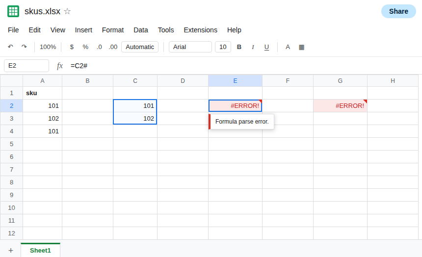 E2 is a parse error, #REF!, or #NAME!. The formula bar shows =C2# with a hash. G2 shows COUNTA of C2# and is also an error. A UNIQUE list may sit nearby as values or as a Sheets spill.
