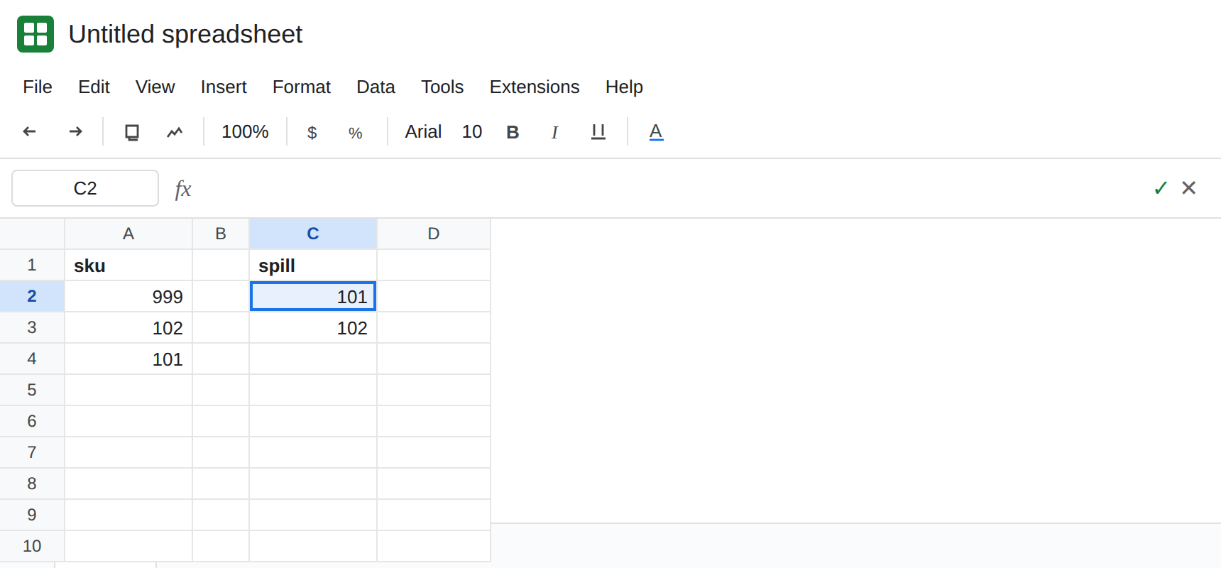 Google Sheets after importing an xlsx. The unique list shows 101 and 102. The formula bar on those cells is empty. A2 is 999 and the list did not change. No UNIQUE formula remains.