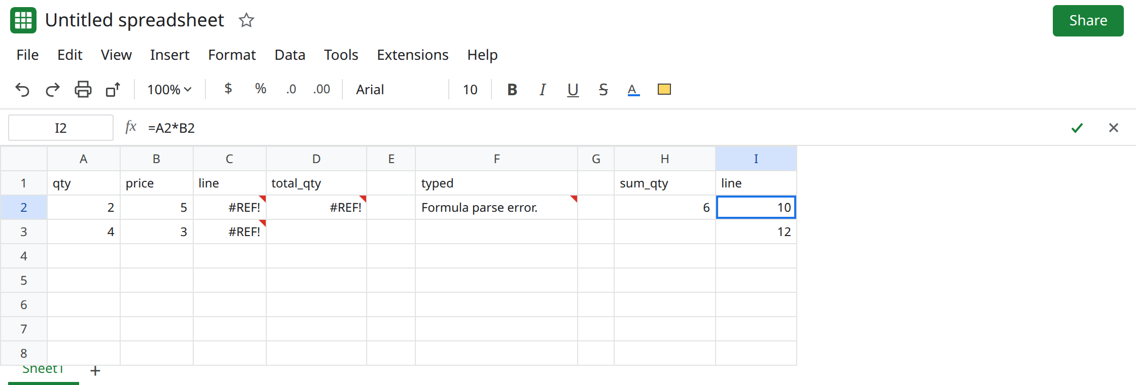I2 selected. Formula bar shows =A2*B2. I2 is 10. H2 is =SUM(A2:A3) and shows 6. The imported cell is still #REF! or a Formula parse error. F2 is still a Formula parse error from =SUM(Sales[Qty]).