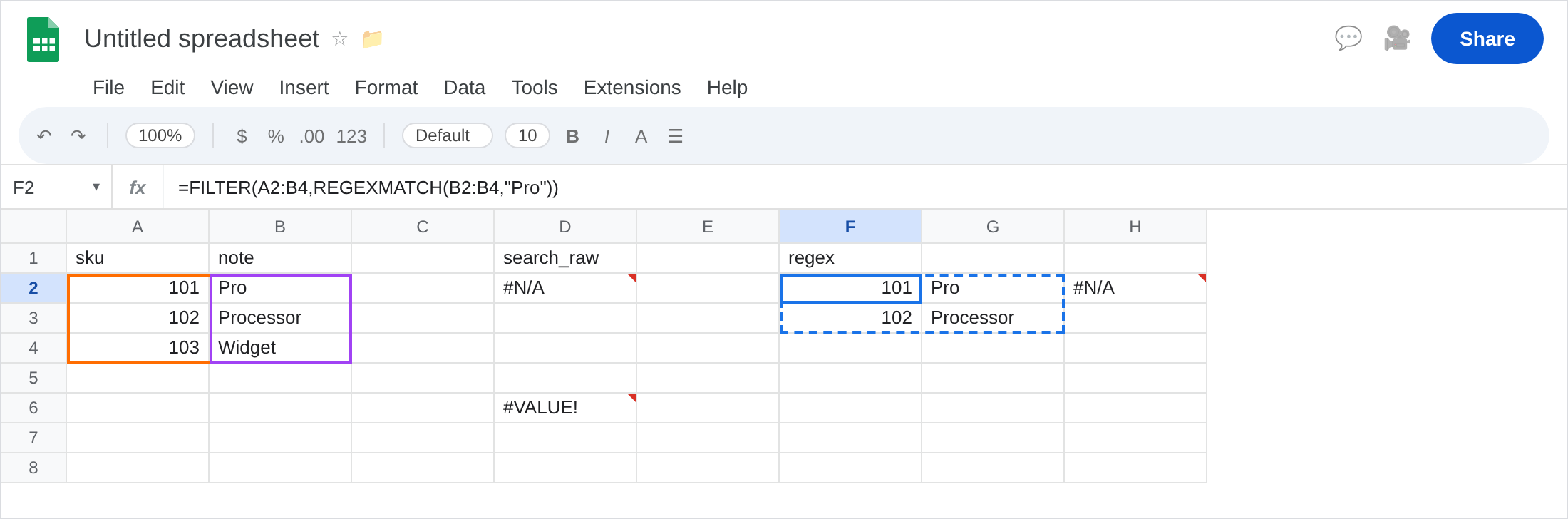 F2 selected. Formula bar shows =FILTER(A2:B4,REGEXMATCH(B2:B4,"Pro")). Spill is 101 Pro and 102 Processor. D2 is still an error from raw SEARCH. H2 is still #N/A from sku 999.