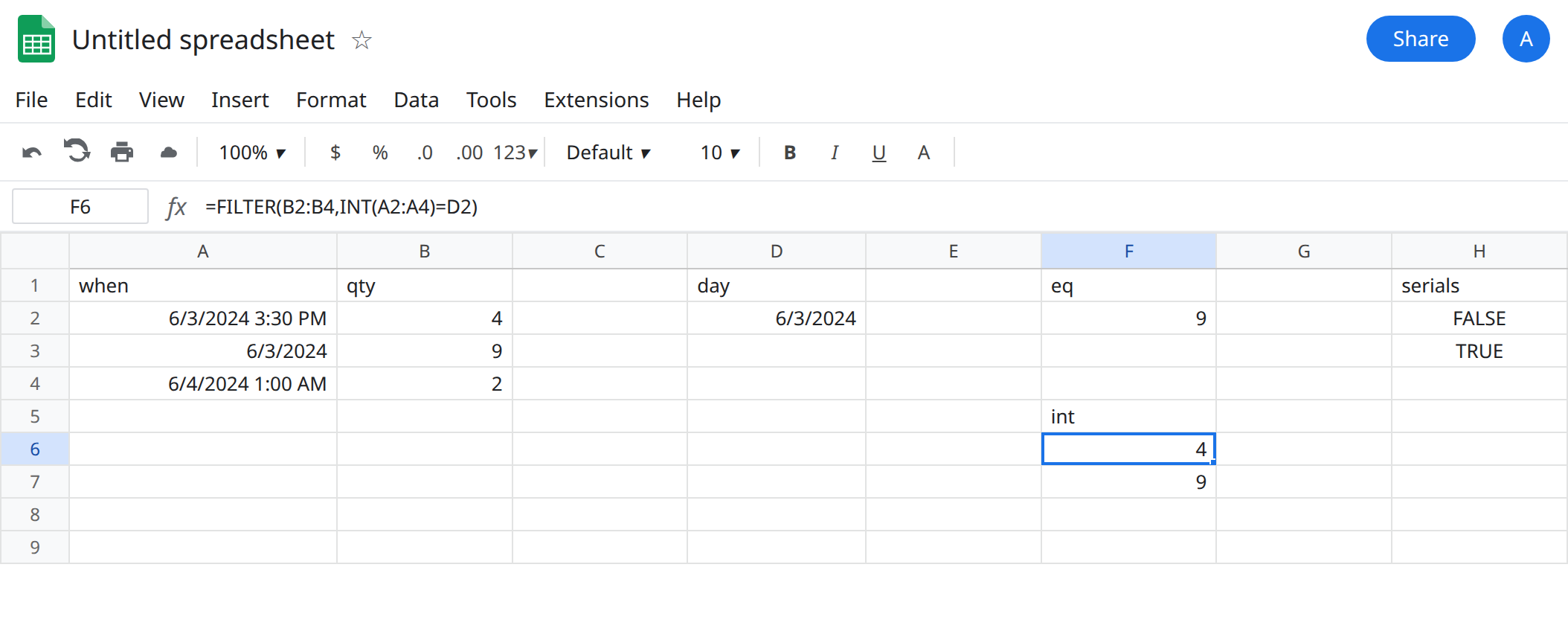 F6 selected. Formula bar shows =FILTER(B2:B4,INT(A2:A4)=D2). The spill is 4 and 9. F2 is still 9 only. A4 June 4 is not in the spill.
