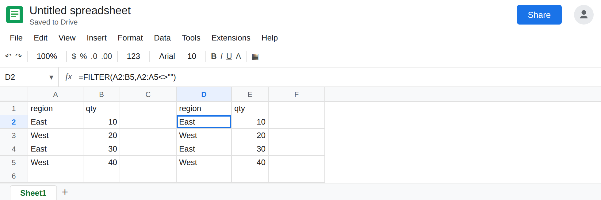 D2 selected. The filter is removed. D2:E5 shows all four regions. The formula bar still shows FILTER of A2:B5.