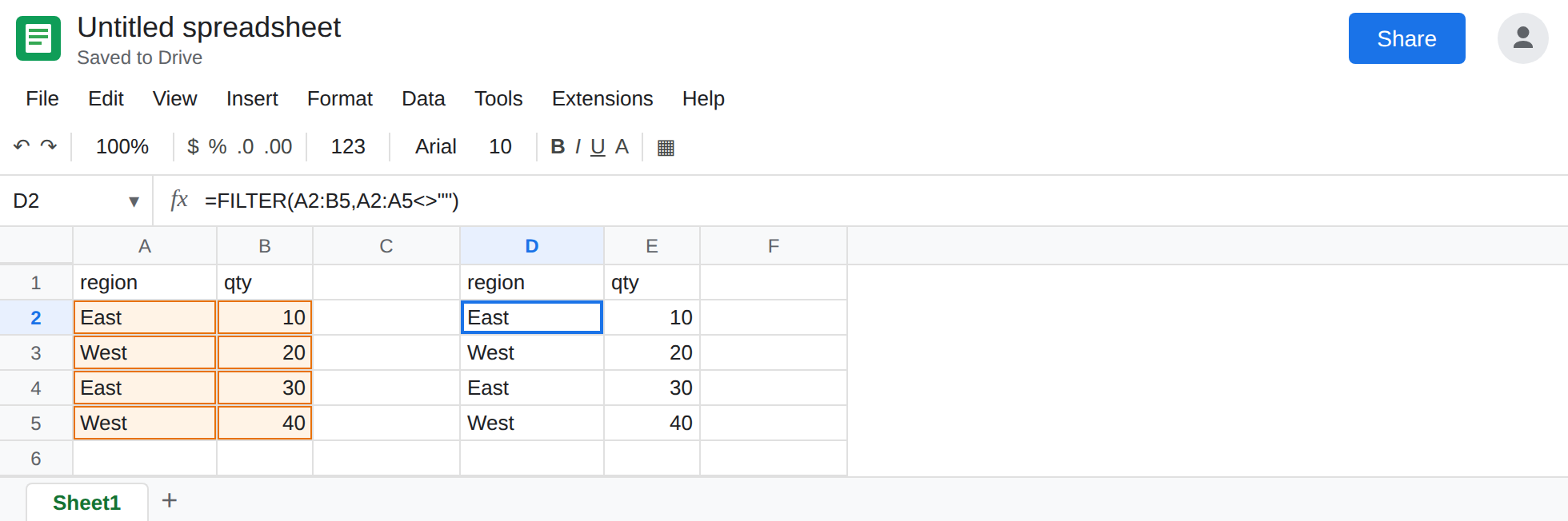 D2 selected. Formula bar shows =FILTER(A2:B5,A2:A5<>""). D2:E5 shows East 10, West 20, East 30, West 40. No filter icon.