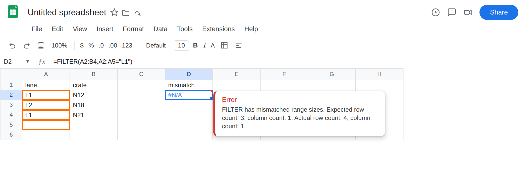 D2 selected. Formula bar shows =FILTER(A2:B4,A2:A5="L1"). D2 is #N/A. Tooltip: FILTER has mismatched range sizes. Expected row count: 3. column count: 1. Actual row count: 4, column count: 1. A2:B4 is three rows. A2:A5 is four.