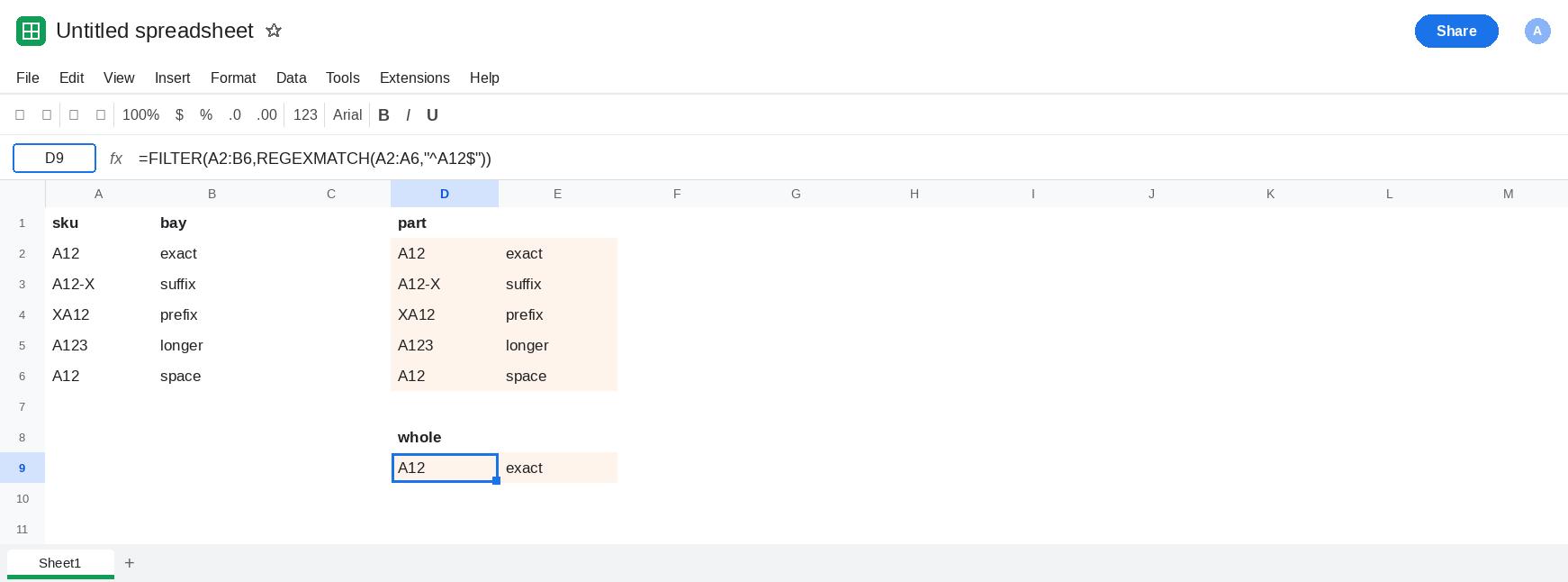 D9 selected. Formula bar shows =FILTER(A2:B6,REGEXMATCH(A2:A6,"^A12$")). The spill is A12 and exact. D2 still lists A12-X, XA12, A123, and the spaced A12.