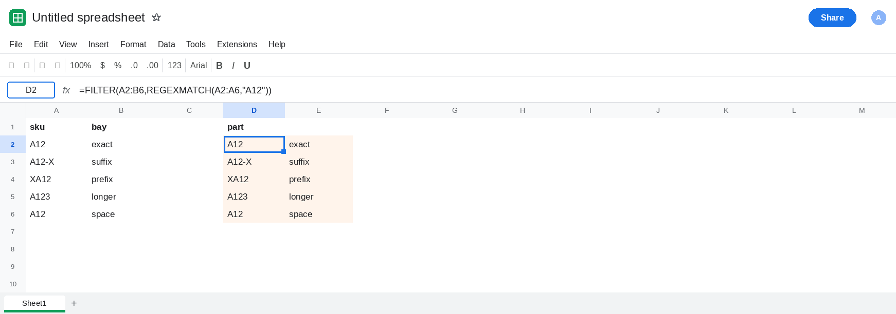 D2 selected. Formula bar shows =FILTER(A2:B6,REGEXMATCH(A2:A6,"A12")). The spill includes A12, A12-X, XA12, A123, and A12 with a trailing space. No error triangle.