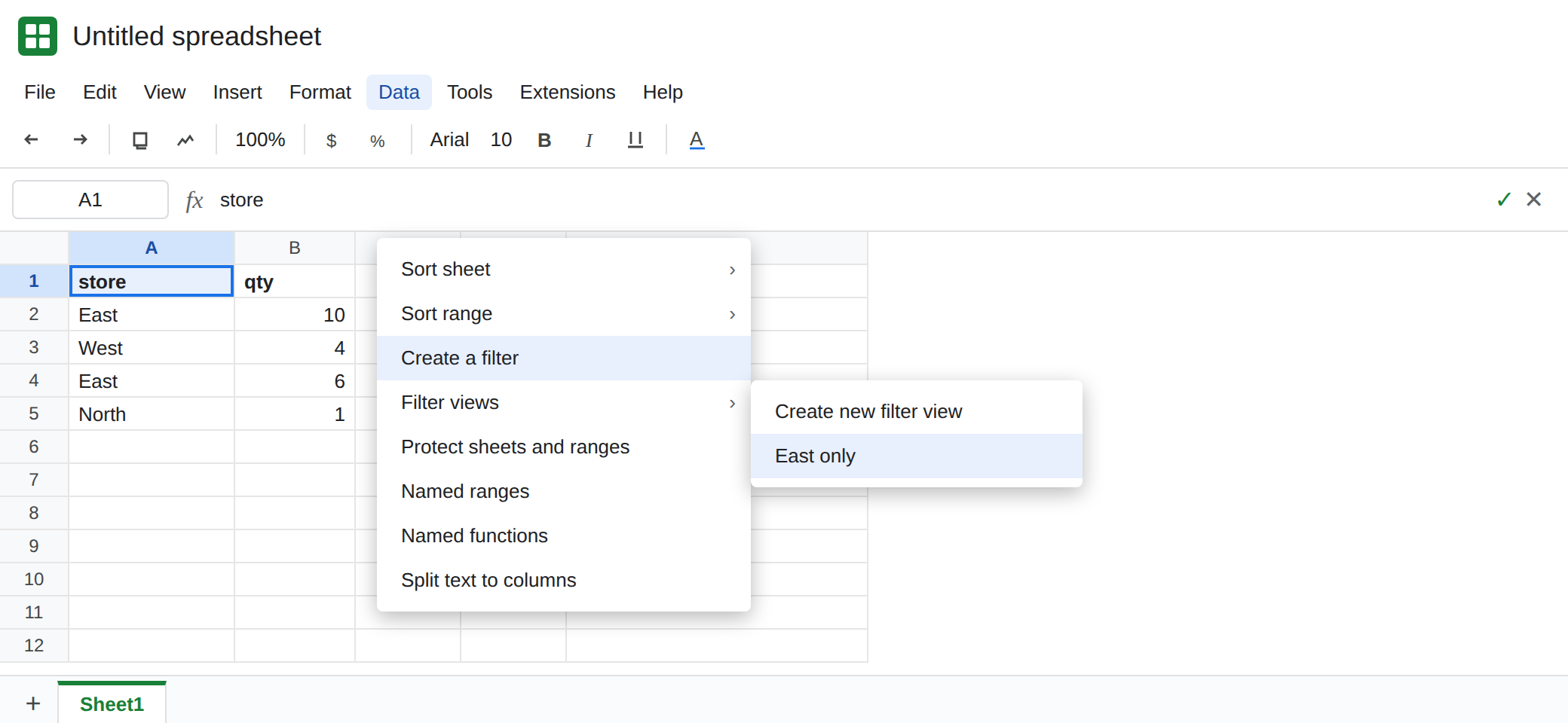 The Data menu is open. Filter views lists a named East only view. Create a filter is available because the sheet filter is off. All stores are visible on the grid.