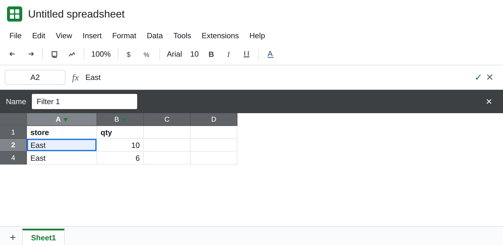 A filter view bar is open with a name and a close control. Store is filtered to East. Rows show East 10 and East 6. West and North are hidden. The grid is not using Create a filter.