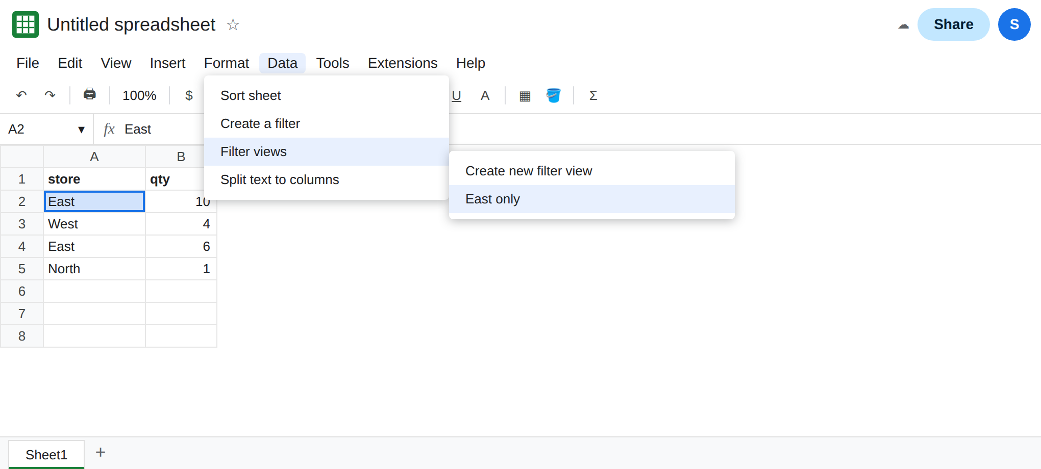 Data, Filter views is open. East only is listed. The grid shows East, West, and North because the view bar is closed.