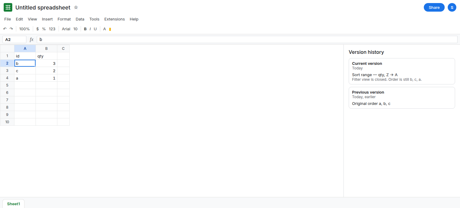 The filter view is closed. Column A reads b, c, a after a qty sort that was started inside the view. Version history lists the sort as an edit. The original order was a, b, c.
