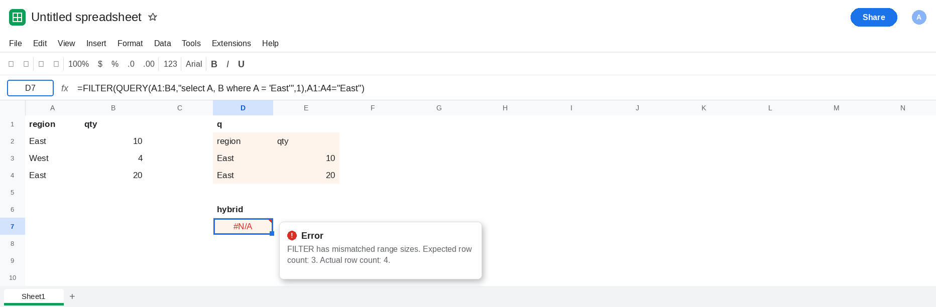 D7 selected. Formula bar shows FILTER of a QUERY where region is East, with condition A1:A4 equal to East. D7 is #N/A. Tooltip: FILTER has mismatched range sizes. D2 still shows region/qty, East 10, East 20.