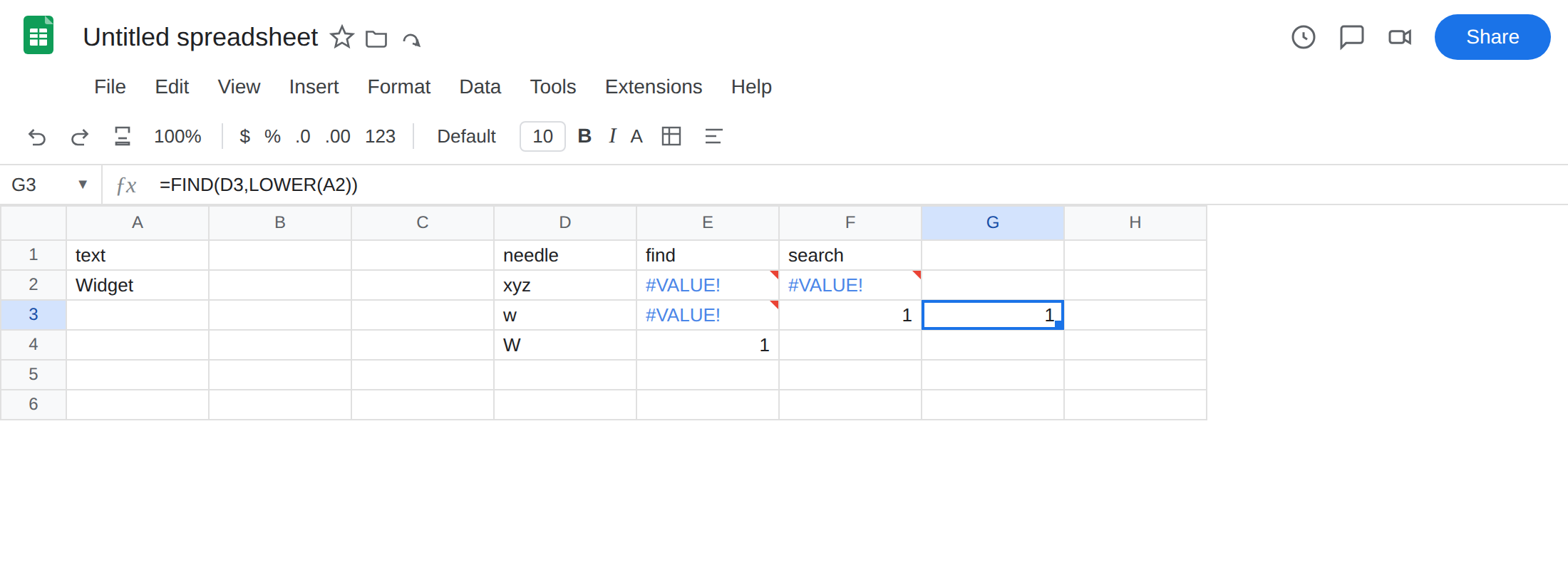 G3 selected. Formula bar shows =FIND(D3,LOWER(A2)). G3 is 1 with no error triangle. E3 is still #VALUE!. F3 is 1.