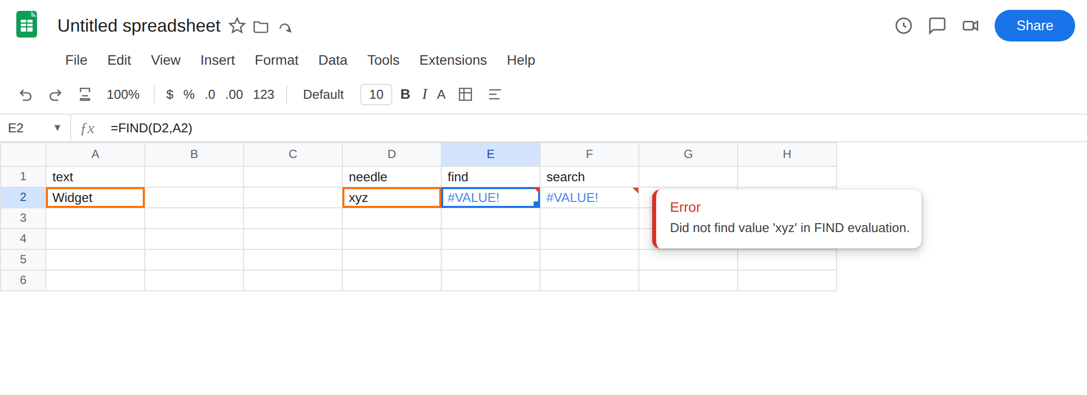 E2 selected. Formula bar shows =FIND(D2,A2). E2 is #VALUE!. F2 is #VALUE!. Tooltip: Did not find value 'xyz' in FIND evaluation. A2 is Widget. D2 is xyz.