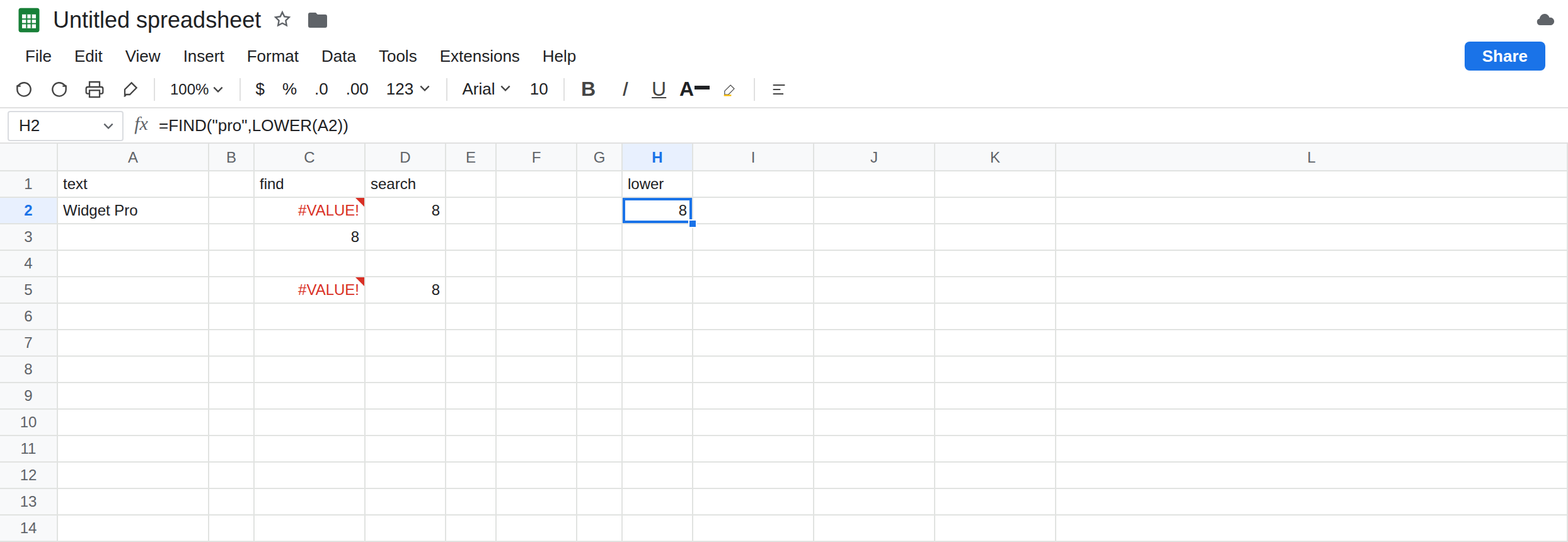 H2 selected. Formula bar shows =FIND("pro",LOWER(A2)). H2 is 8 with no error triangle. C2 is still #VALUE! from FIND of pro. D2 is 8 from SEARCH. C5 is still #VALUE! from FIND of P?o.