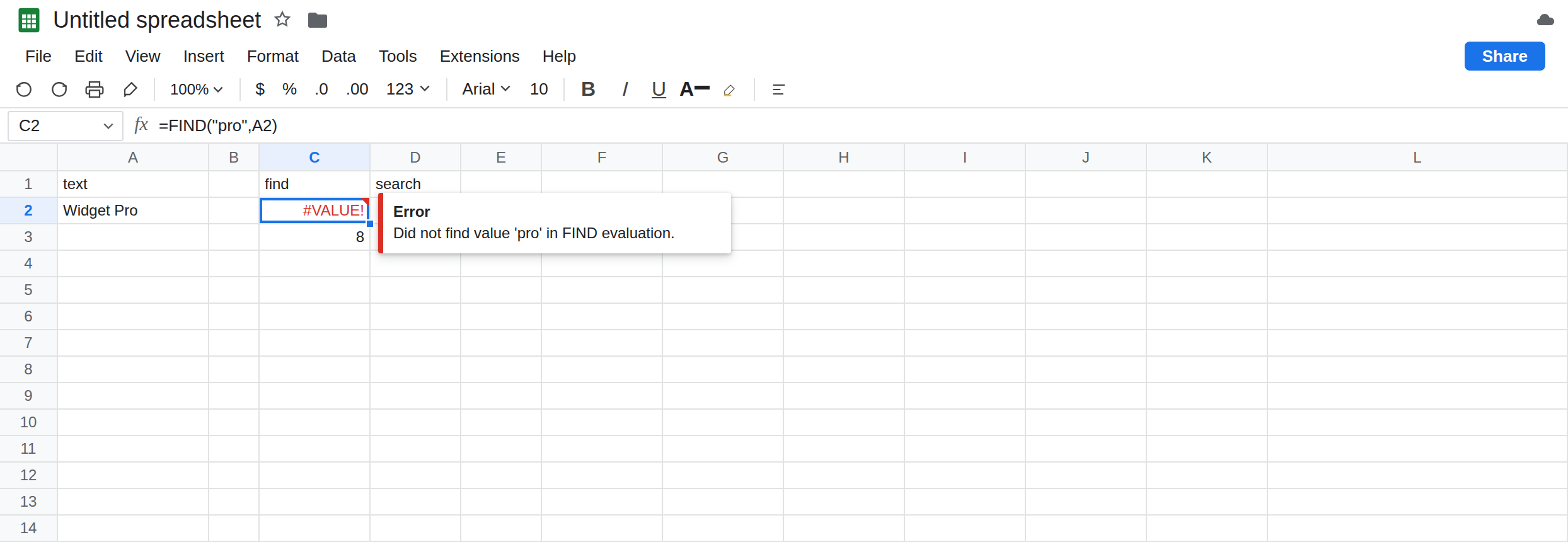 C2 selected. Formula bar shows =FIND("pro",A2). C2 is #VALUE!. D2 is 8 from SEARCH of pro. C3 is 8 from FIND of Pro. A2 is Widget Pro.