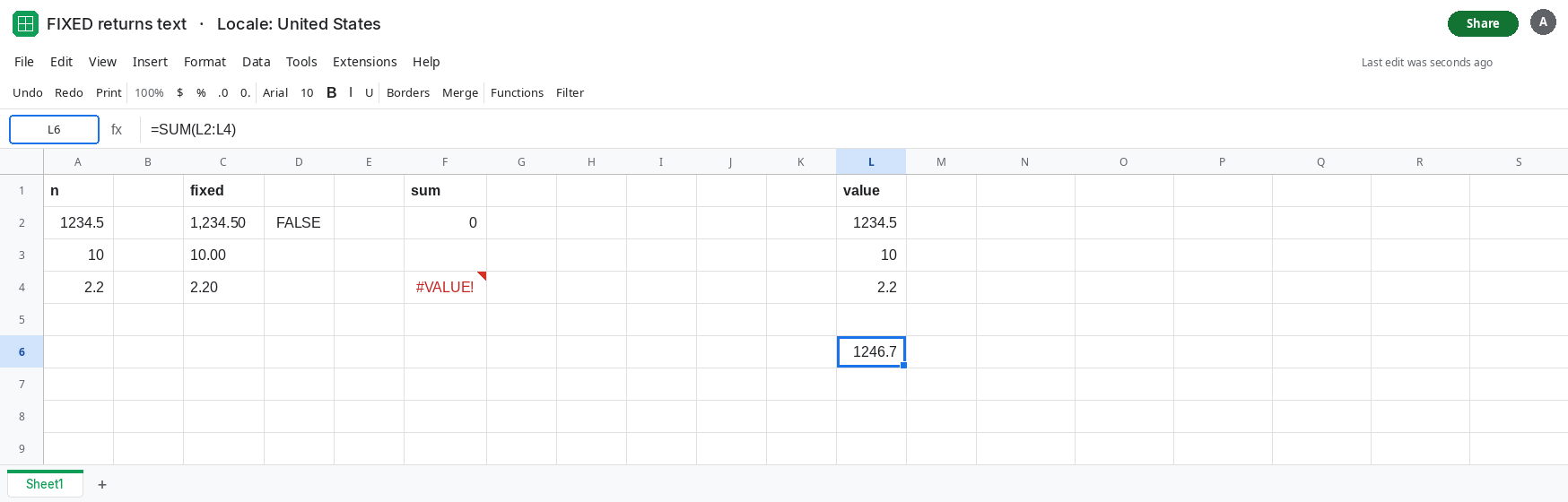 L6 selected. Formula bar shows =SUM(L2:L4). L6 is 1246.7. L2 is the number 1234.5 from VALUE of the FIXED string. F2 is still 0. F4 is still #VALUE!.