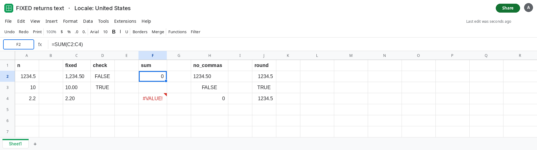 F2 selected. Formula bar shows =SUM(C2:C4). F2 is 0. C2 displays 1,234.50 and D2 is FALSE from ISNUMBER. C3 is 10.00. C4 is 2.20. No error triangle on F2.