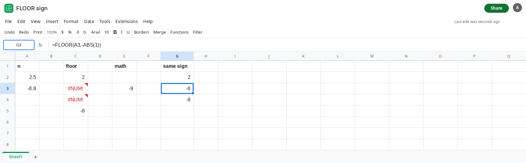 G3 selected. Formula bar shows =FLOOR(A3,-ABS(1)). G3 is -8. C3 and C4 are still #NUM!. E3 is -9 from FLOOR.MATH of -8.8.