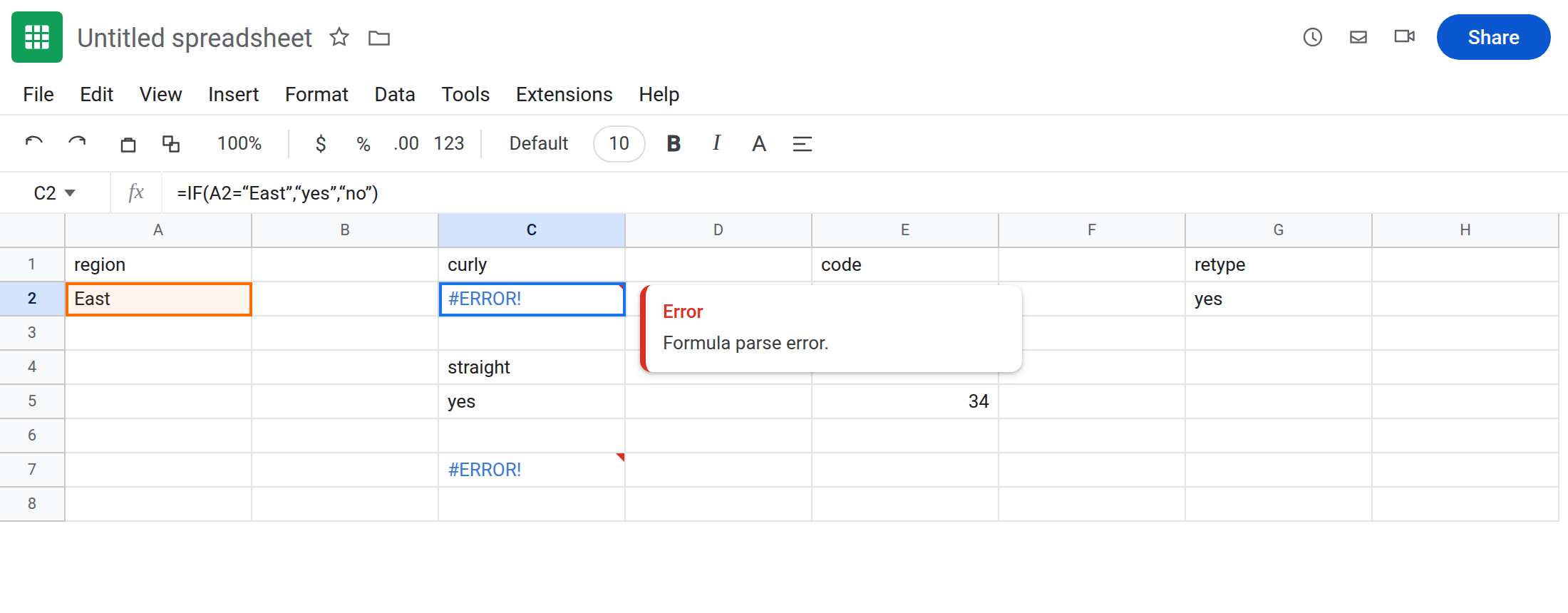 C2 selected. Formula bar shows =IF(A2=“East”,“yes”,“no”) with curly quotes. C2 is #ERROR!. Tooltip: Formula parse error. Locale is United States.
