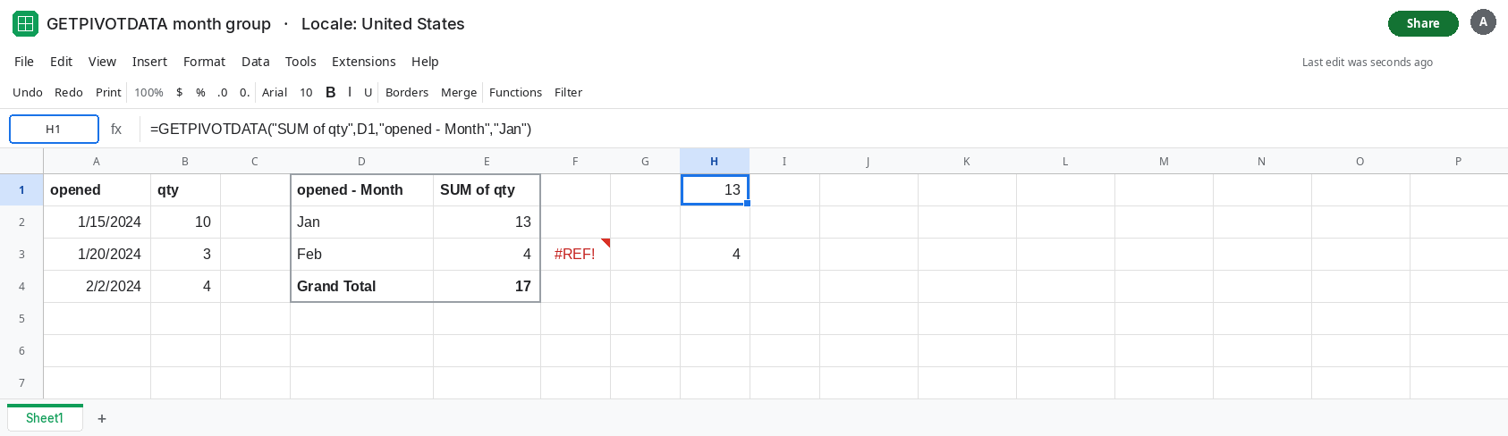 H1 selected. Formula bar shows GETPIVOTDATA using the grouped field name and the item Jan. H1 is 13. F3 is still #REF! from DATE(2024,1,15). The pivot lists month groups.