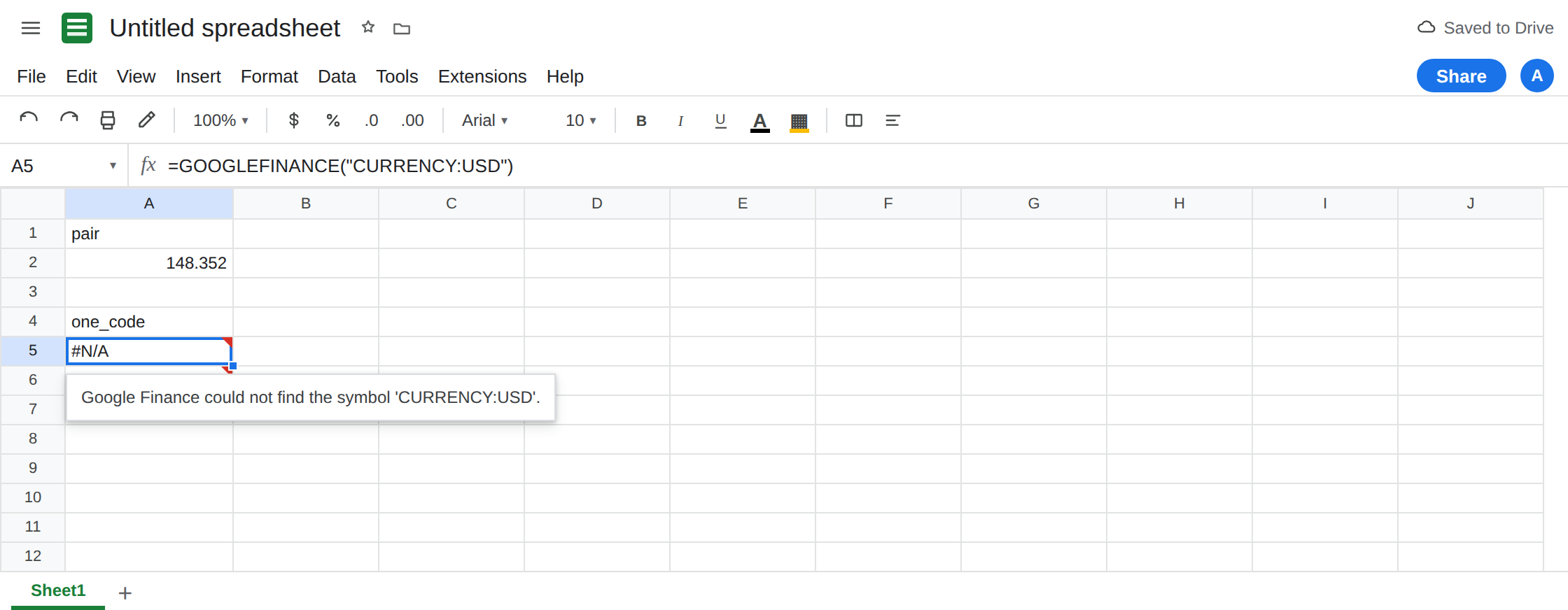 A5 selected. Formula bar shows =GOOGLEFINANCE("CURRENCY:USD"). A5 is #N/A. A2 is a single number from CURRENCY:USDJPY with no error triangle. There is no pasted rate in the sheet beyond what the function returned.