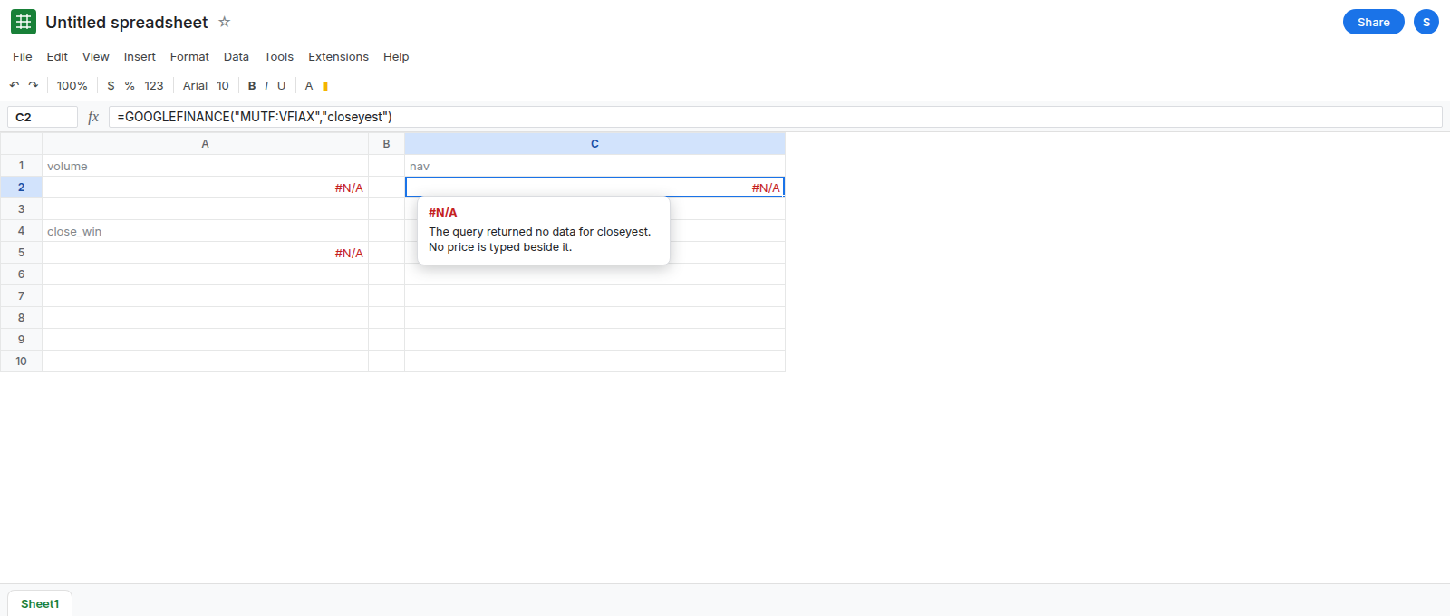 C2 selected. Formula bar shows GOOGLEFINANCE MUTF:VFIAX closeyest. The cell is either a number or #N/A. A2 is still #N/A for volume. No copied price sits in a neighboring cell.