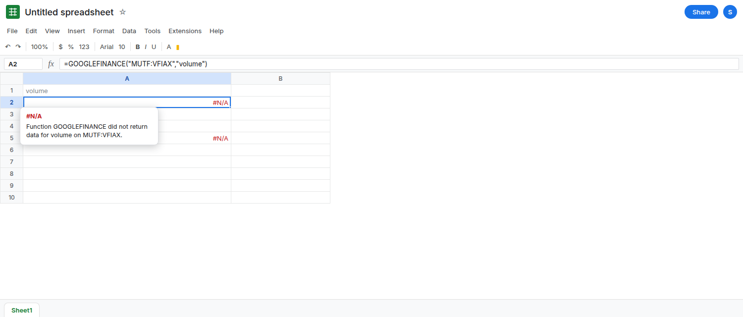 A2 selected. Formula bar shows GOOGLEFINANCE of MUTF:VFIAX and volume. A2 is #N/A. A5 is #N/A for a close window. No price is typed into the sheet.