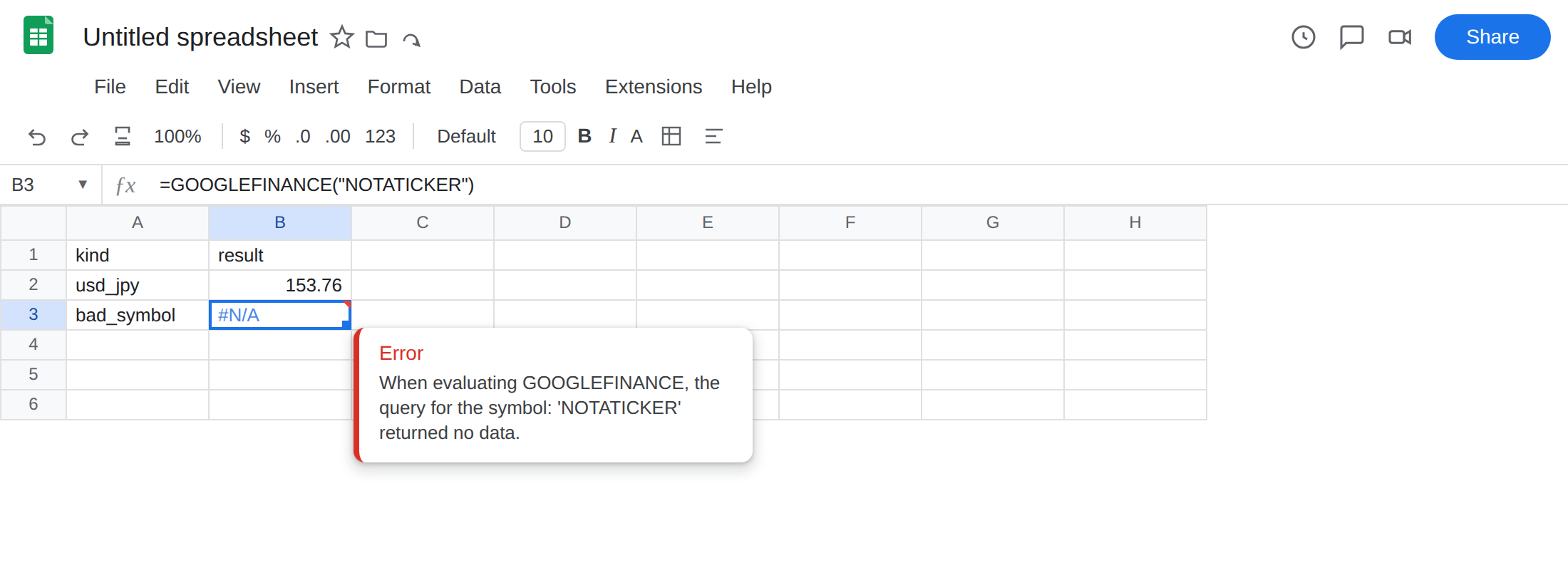 B3 selected. Formula bar shows =GOOGLEFINANCE("NOTATICKER"). B3 is #N/A. Tooltip: When evaluating GOOGLEFINANCE, the query for the symbol: 'NOTATICKER' returned no data. B2 is still 153.76.