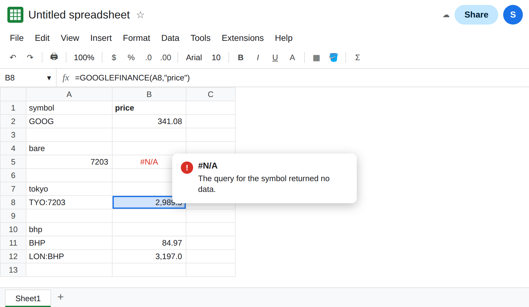 B8 selected. Formula bar shows =GOOGLEFINANCE(A8,"price"). A8 is TYO:7203. B8 is a number. B5 is #N/A. A5 is 7203. The price digits are not the lesson.