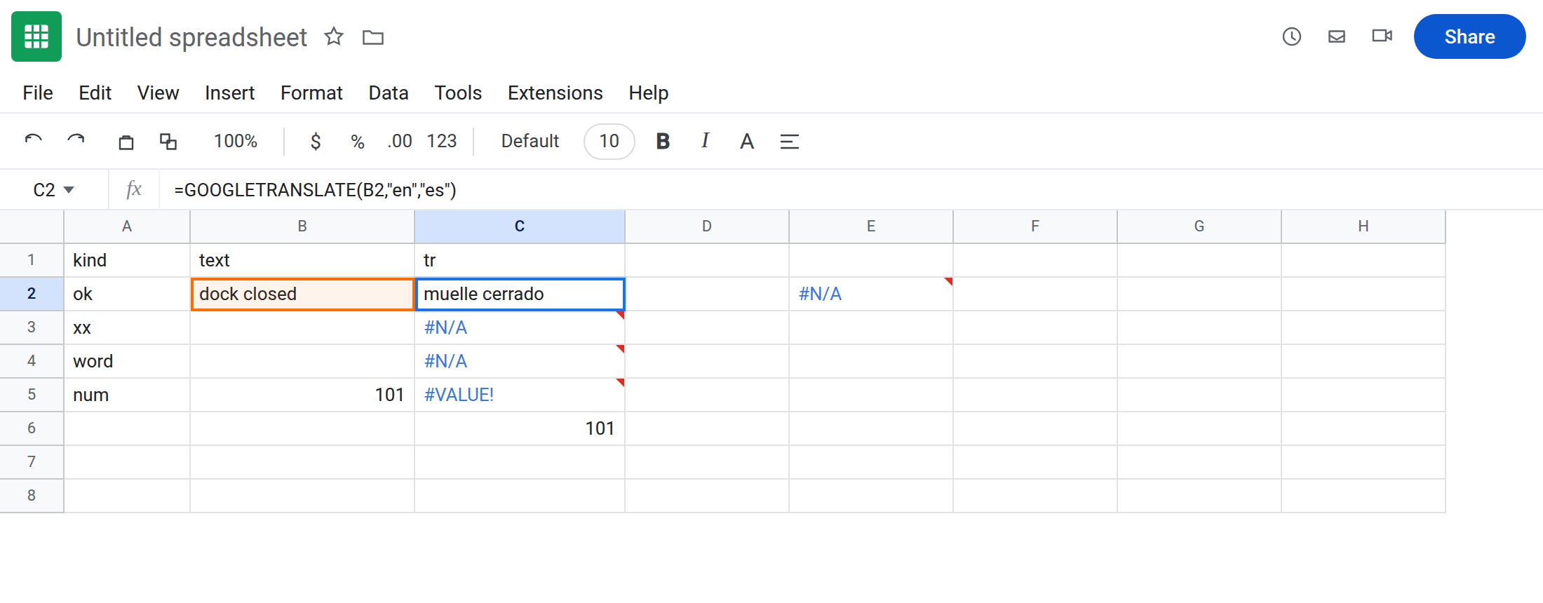 C2 selected. Formula bar shows =GOOGLETRANSLATE(B2,"en","es"). C2 is muelle cerrado (or similar) with no error triangle. C3 is still an error from xx. C4 is still an error from English/Spanish.