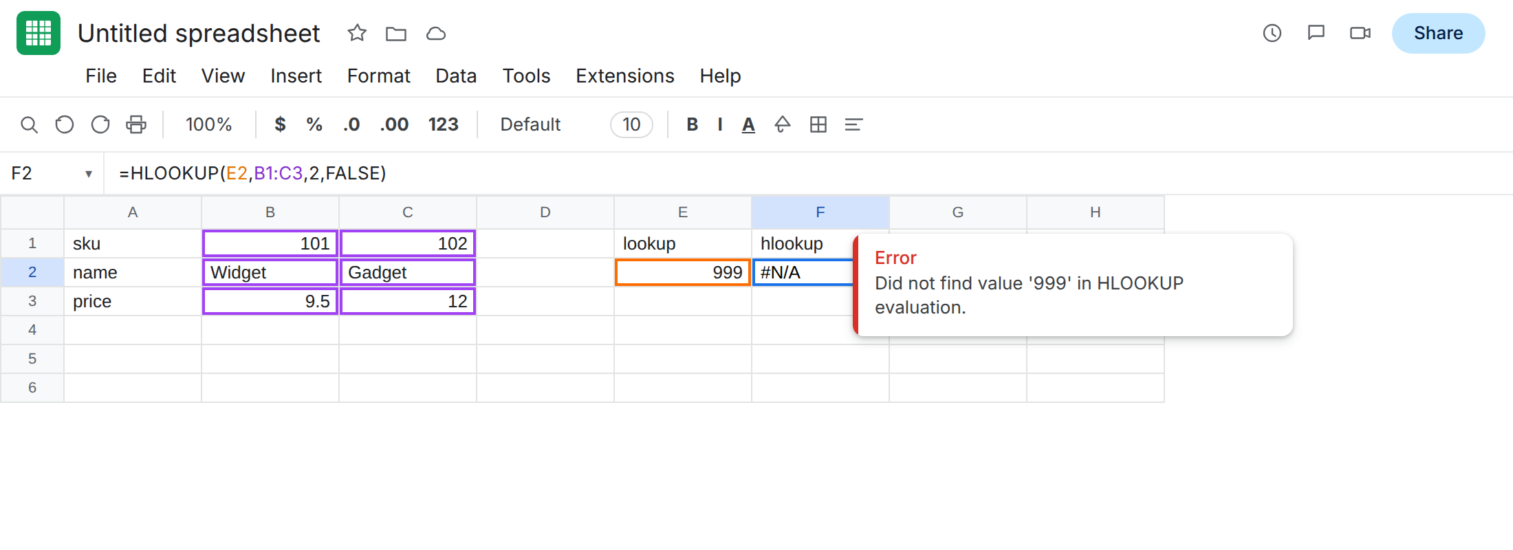 F2 selected. Formula bar shows =HLOOKUP(E2,B1,2,FALSE). F2 is #N/A. Tooltip: Did not find value '999' in HLOOKUP evaluation. E2 is 999. B1 is 101. C1 is 102.