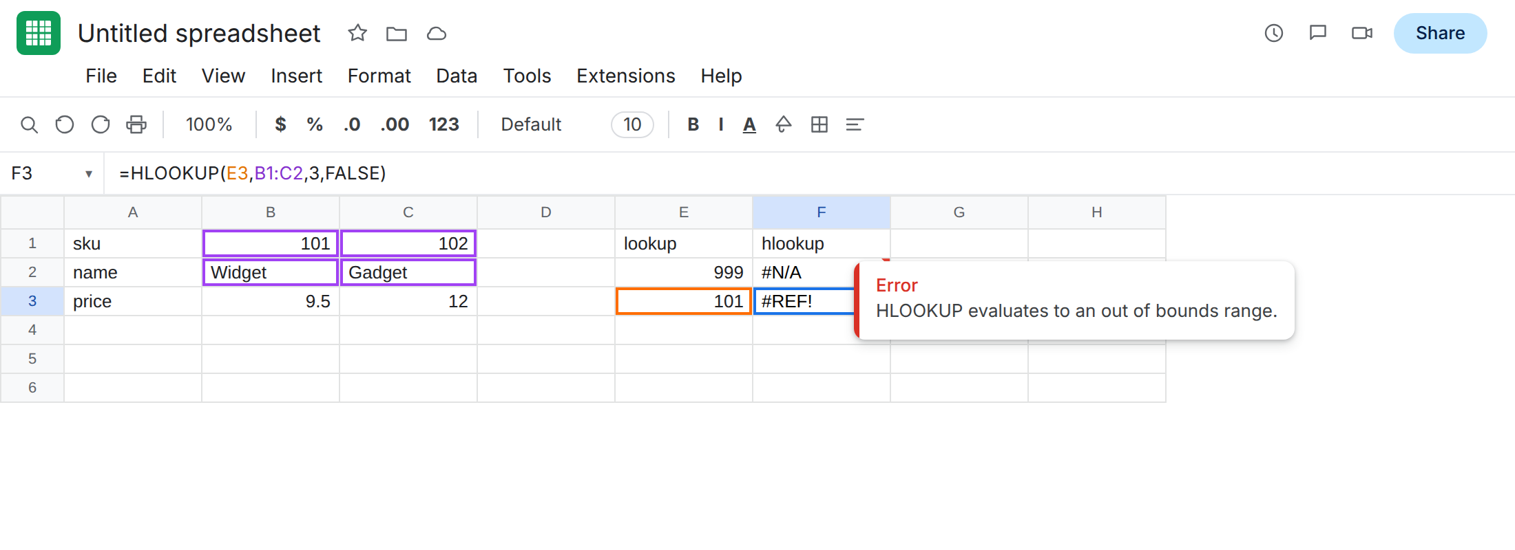 F3 selected. Formula bar shows =HLOOKUP(E3,B1,3,FALSE). F3 is #REF!. Tooltip: HLOOKUP evaluates to an out of bounds range. E3 is 101. F2 is still #N/A.