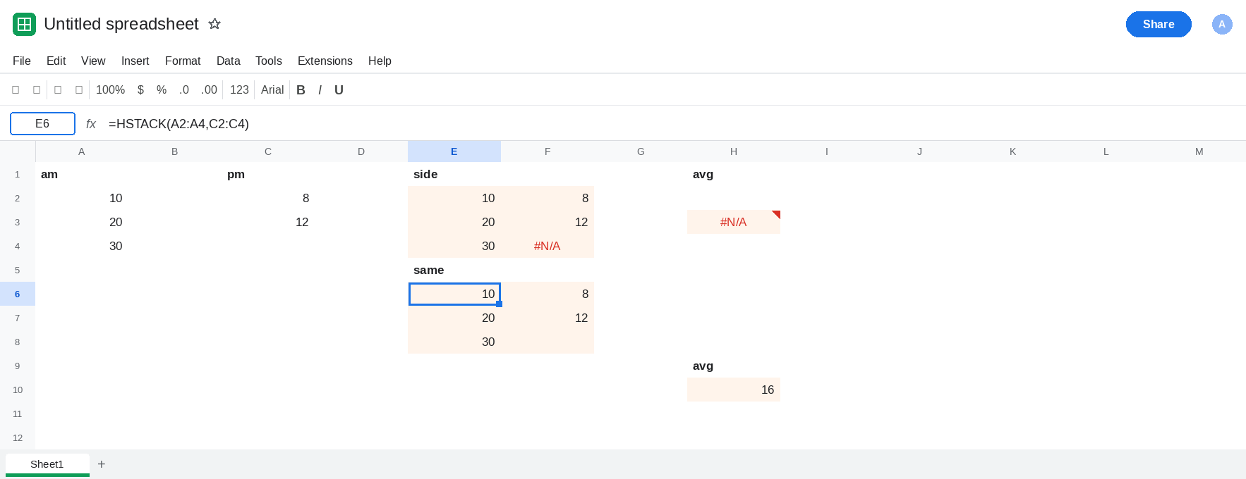 E6 selected. Formula bar shows =HSTACK(A2:A4,C2:C4). The third afternoon cell is blank. H10 is 16. F4 is still #N/A from the short range. H3 is still #N/A.