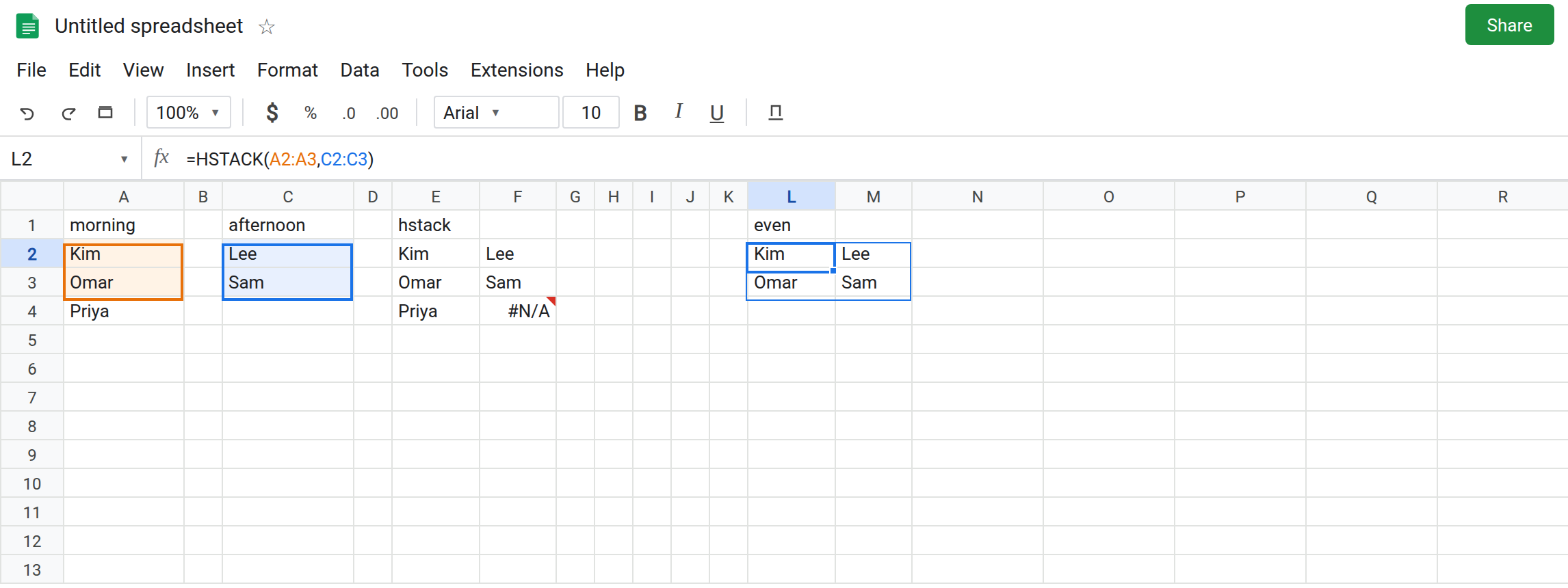 L2 selected. Formula bar shows =HSTACK(A2:A3,C2:C3). L2:M3 is Kim/Lee and Omar/Sam with no error triangle. E2 still shows #N/A in F4.