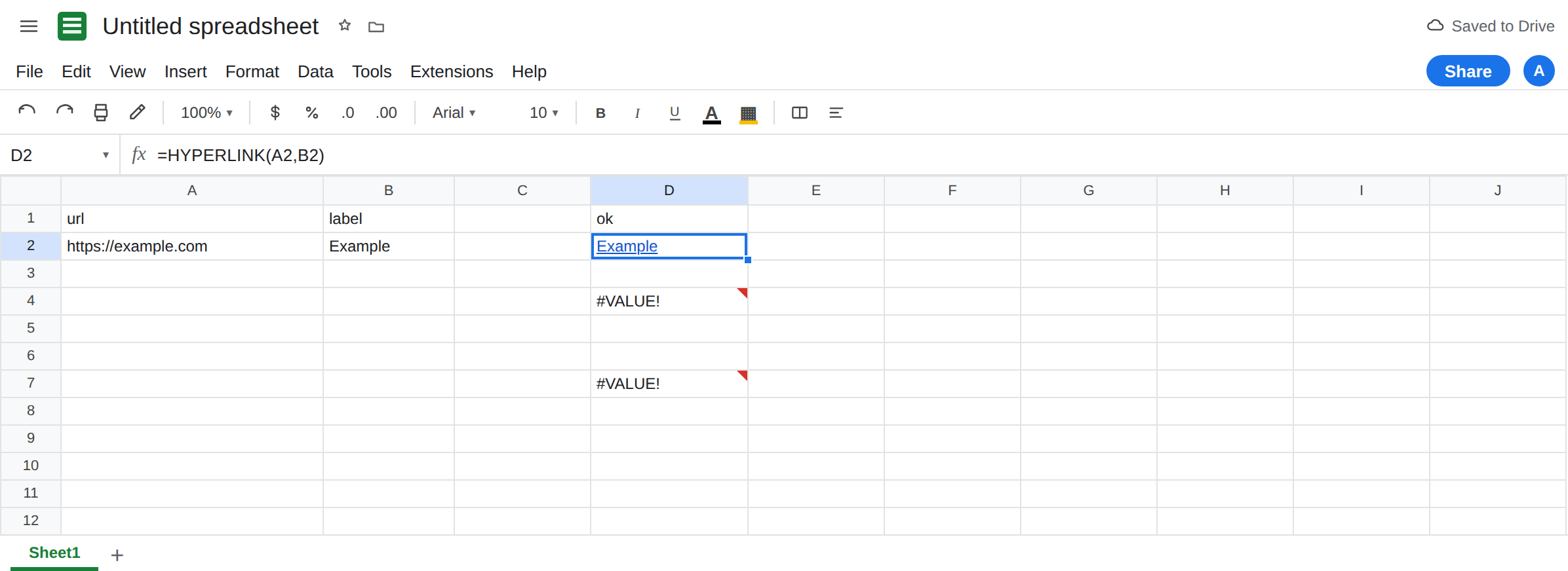 D2 selected. Formula bar shows =HYPERLINK(A2,B2). D2 shows Example as a link with no error triangle. D4 is still #VALUE! from a blank URL. D7 is still #VALUE! from a nested HYPERLINK label.