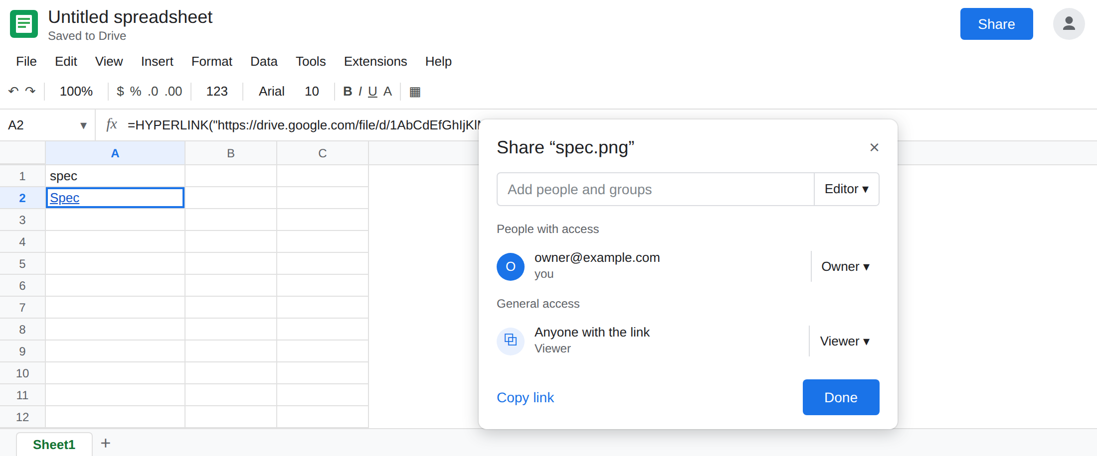Drive share dialog for the target file. General access is Anyone with the link, Viewer. The spreadsheet formula in A2 is unchanged.