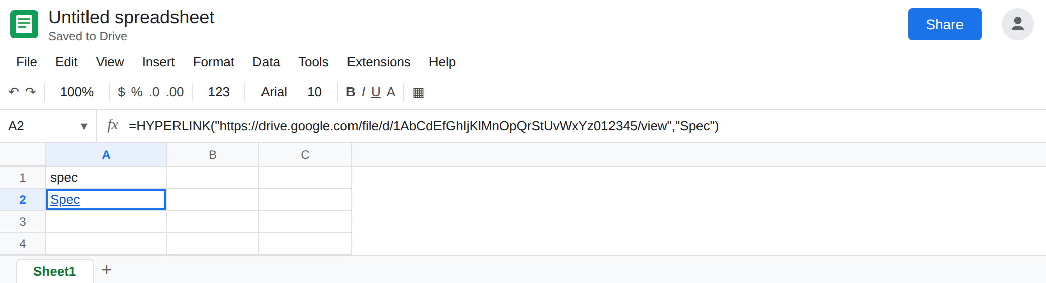 A2 selected. Formula bar shows =HYPERLINK of a drive.google.com/file URL with label Spec. A2 shows Spec as a link. No error triangle.