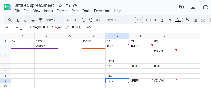 E9 selected. Formula bar shows =IFNA(VLOOKUP(D2,A2,2,FALSE),"none"). E9 is none. F9 is still #REF!. G9 is still #DIV/0!.