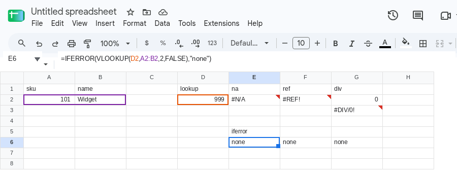 E6 selected. Formula bar shows =IFERROR(VLOOKUP(D2,A2,2,FALSE),"none"). E6, F6, and G6 are none. E2 is still #N/A. F2 is still #REF!. G3 is still #DIV/0!.