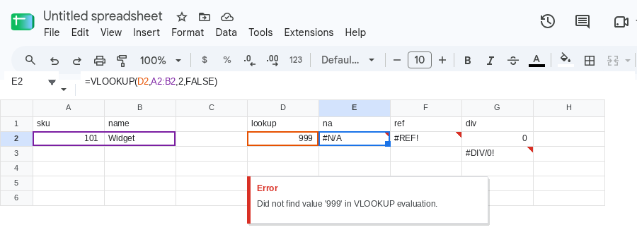 E2 selected. Formula bar shows =VLOOKUP(D2,A2,2,FALSE). E2 is #N/A. Tooltip: Did not find value '999' in VLOOKUP evaluation. F2 is #REF!. G3 is #DIV/0!.