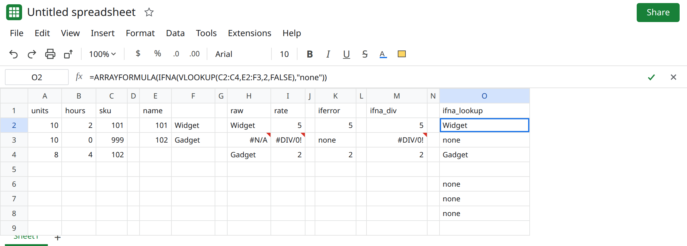 O2 selected. Formula bar shows =ARRAYFORMULA(IFNA(VLOOKUP(C2:C4,E2:F3,2,FALSE),"none")). O3 is none. H3 is still #N/A. M3 is still #DIV/0!. K3 is none from IFERROR. O6 is none from a bad index wrapped in IFERROR.