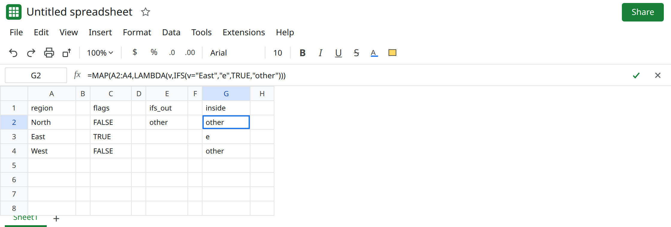 G2 selected. Formula bar shows =MAP(A2:A4,LAMBDA(v,IFS(v="East","e",TRUE,"other"))). G2:G4 are other, e, other. E2 is still the single other. A3 is East.