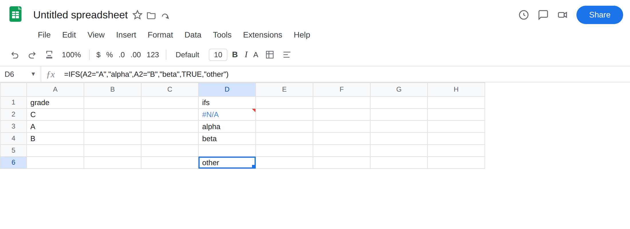 D6 selected. Formula bar shows =IFS(A2="A","alpha",A2="B","beta",TRUE,"other"). D6 is other with no error triangle. D2 is still #N/A. A2 is C.