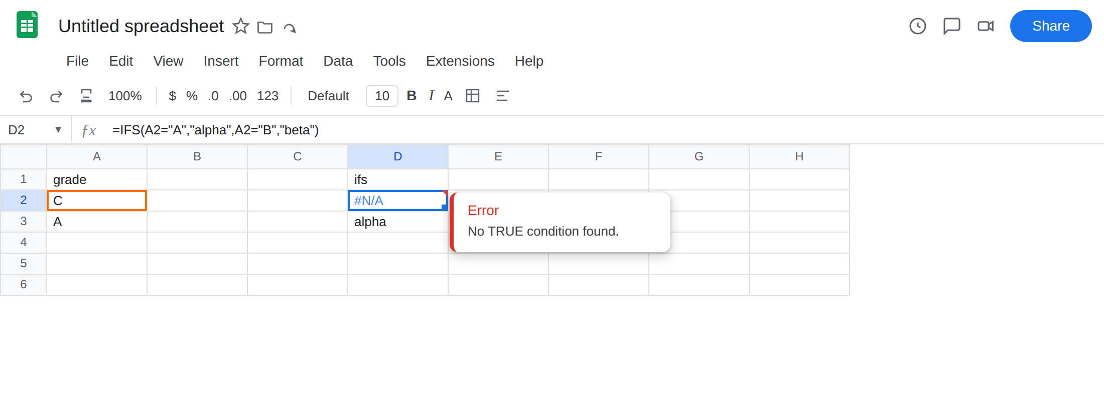 D2 selected. Formula bar shows =IFS(A2="A","alpha",A2="B","beta"). D2 is #N/A. Tooltip: No TRUE condition found. A2 is C.