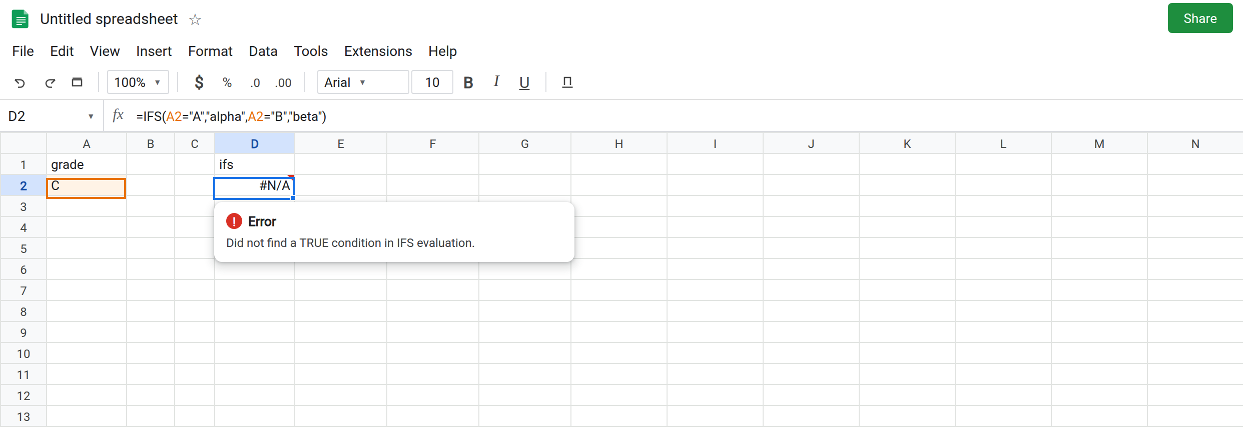 D2 selected. Formula bar shows =IFS(A2="A","alpha",A2="B","beta"). D2 is #N/A. Tooltip: No TRUE condition found. A2 is C.