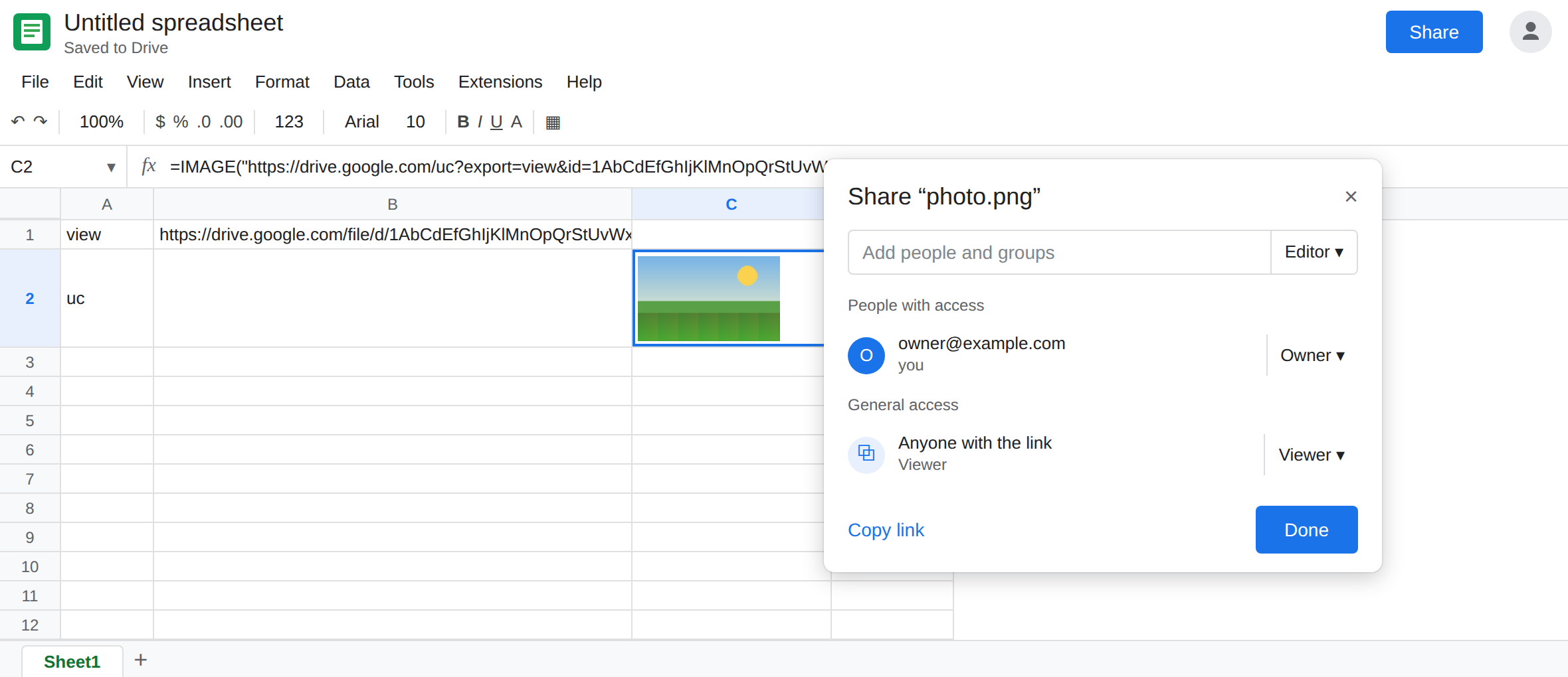 C2 selected. Formula bar shows =IMAGE of a uc?export=view URL. C2 shows the PNG. C1 is still blank. Sharing is Anyone with the link.