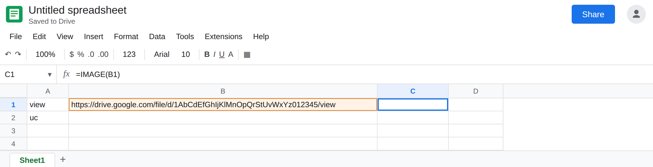 C1 selected. Formula bar shows =IMAGE(B1). C1 is blank or #N/A. B1 is a drive.google.com/file/d/…/view link. The file is still Restricted.