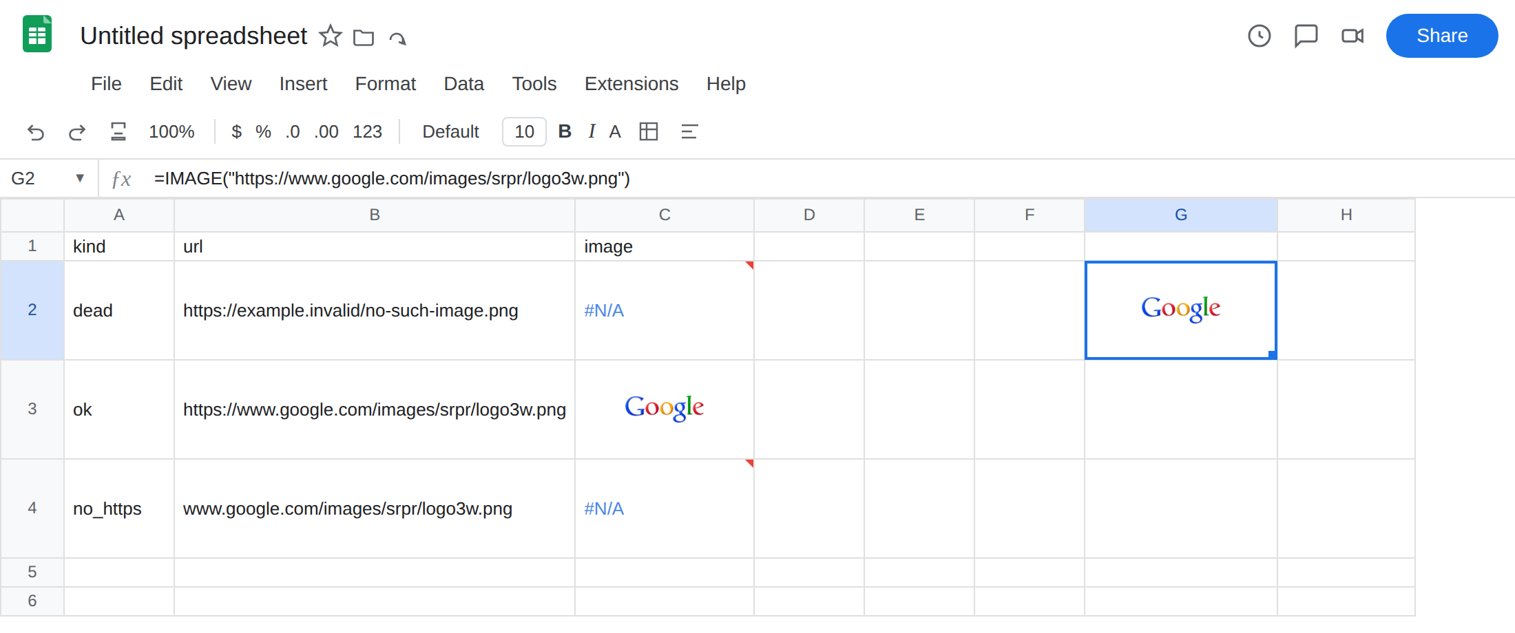 G2 selected. Formula bar shows =IMAGE("https://www.google.com/images/srpr/logo3w.png"). G2 shows the sample PNG. C2 is still #N/A.